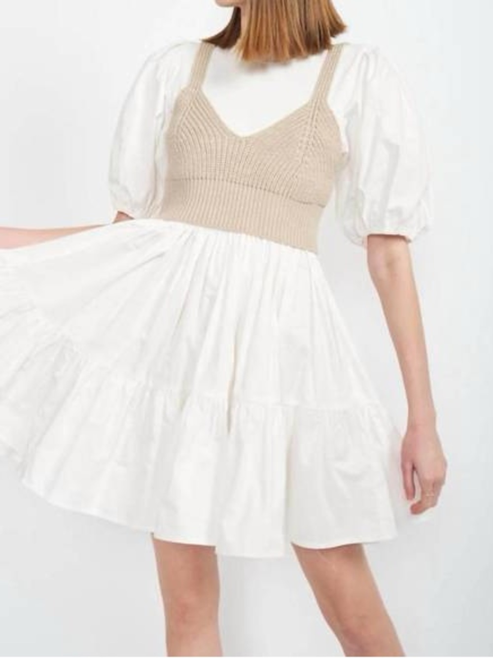 En Saison Cream Knit Crop Over White Puff-Sleeve Mini Dress